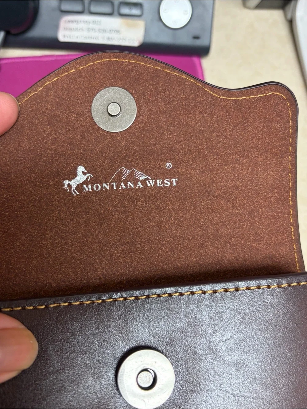 Montana West Brown & Black Embossed Flag Leather Phone Holster with belt loop.